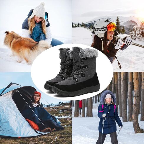 Zeenxiuya Womens Snow Boots مريحة الفراء الدافئ المبطن شتاء مقاوم للماء مسطح الدانتيل أحذية الكاحل في الهواء الطلق الجوارب الشتوية in Kuwait