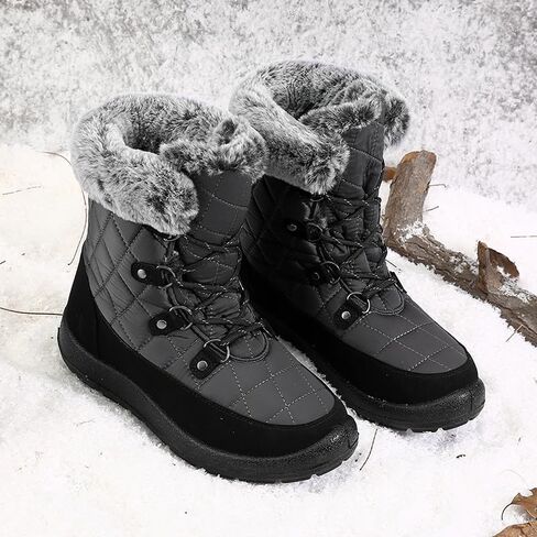 Zeenxiuya Womens Snow Boots مريحة الفراء الدافئ المبطن شتاء مقاوم للماء مسطح الدانتيل أحذية الكاحل في الهواء الطلق الجوارب الشتوية in Kuwait
