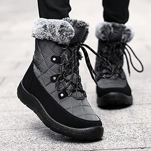 Zeenxiuya Womens Snow Boots مريحة الفراء الدافئ المبطن شتاء مقاوم للماء مسطح الدانتيل أحذية الكاحل في الهواء الطلق الجوارب الشتوية in Kuwait