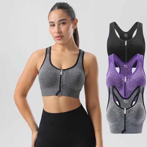 Zip Front Sports Bras for Women-Raceback Pack pack bra pack for workout Yoga Gym Running in Kuwait
