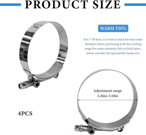4 PCS 3.5" T-Bolt Hose Clamp, Stainless Steel Adjustable Pipe Clamp with Working Range 95-103mm, Heavy-Duty Turbo Intake Intercooler Clamps Insert Locknut for 3.5" Hose ID in Saudi Arabia