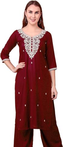 ladyline Rayon Chikankari Embroidered Kurti Tunic Top for Women - Mirror Sequins Work, Round Neck in Saudi Arabia