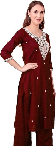 ladyline Rayon Chikankari Embroidered Kurti Tunic Top for Women - Mirror Sequins Work, Round Neck in Saudi Arabia