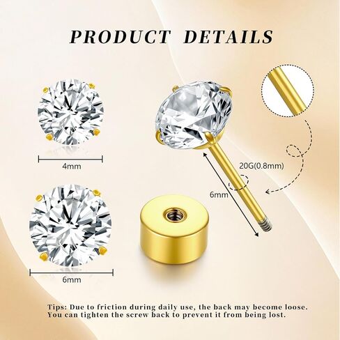 20G G23 Titanium Flat Flat Back Stud أقراط ، Golden Flververy Tragus Labret Gratilage Helix Jewelry من 4-6 مم الزركونيا المكعب للنساء الرجال in Kuwait