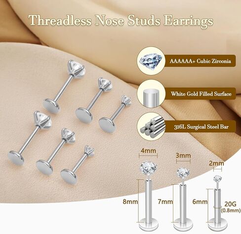 3 أزواج 6 أجهزة كمبيوتر فضية 20G بيرسي أنف الأنف ثبات الأنف مسطحة مسطحة الظهر أسيرة حلقات الأنف الحقيقية للنساء من الرجال المراهقات hypoallergenic monroe الغضار الأولي in Kuwait