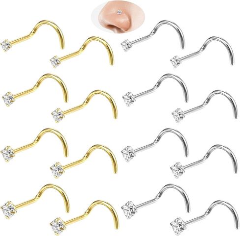16Pcs Nose Studs Set Surgical Stainless Steel Nose Ring Stud Cubic Zirconia Small Nose Studs CZ L Shape Nose Rings for Women Stud Diamond Top Size 1.5mm 2mm 2.5mm 3mm(Gold Silver) in Saudi Arabia