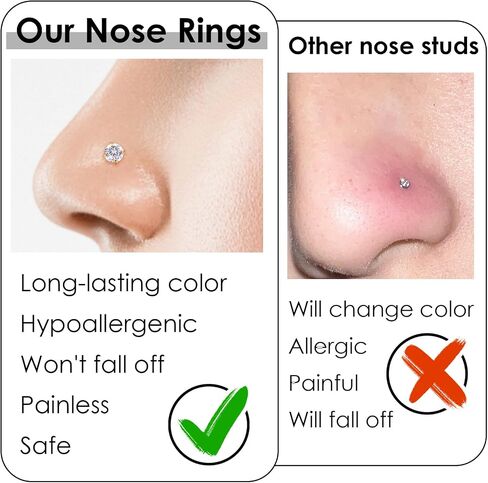 16Pcs Nose Studs Set Surgical Stainless Steel Nose Ring Stud Cubic Zirconia Small Nose Studs CZ L Shape Nose Rings for Women Stud Diamond Top Size 1.5mm 2mm 2.5mm 3mm(Gold Silver) in Saudi Arabia