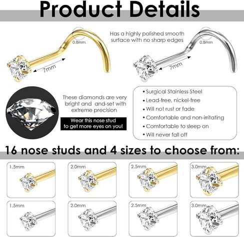 16Pcs Nose Studs Set Surgical Stainless Steel Nose Ring Stud Cubic Zirconia Small Nose Studs CZ L Shape Nose Rings for Women Stud Diamond Top Size 1.5mm 2mm 2.5mm 3mm(Gold Silver) in Saudi Arabia