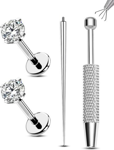 Jewseen 2PCS 20G/18G/16G G23 Titanium Flat Back Nose Stud Earrings Internally Thread Medusa Laret Lip Stud Tiny CZ Small Helix Cartilage Tragus Conch Piercing Jewelry for Women Men in Saudi Arabia