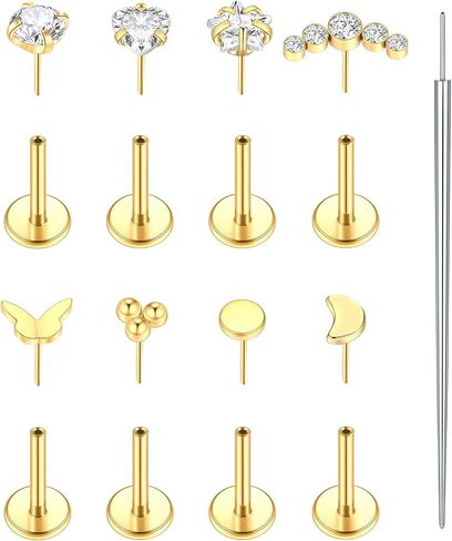 Oveta 4 Pairs Surgical Steel Flat Back Studs Earrings for Tragus Cartilage Piercing Jewelry Threadless Push in Nose Rings Studs 18G 16G, 6/8mm Bar Length, Gold in Saudi Arabia