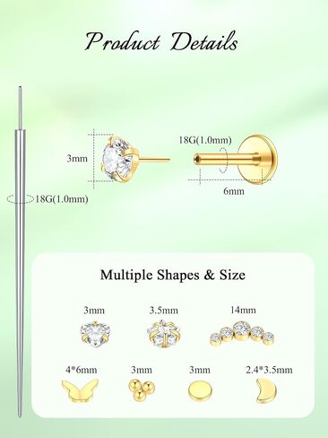 Oveta 4 Pairs Surgical Steel Flat Back Studs Earrings for Tragus Cartilage Piercing Jewelry Threadless Push in Nose Rings Studs 18G 16G, 6/8mm Bar Length, Gold in Saudi Arabia