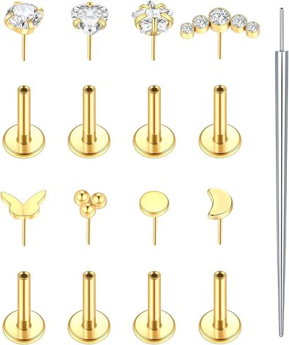Oveta 4 Pairs Surgical Steel Flat Back Studs Earrings for Tragus Cartilage Piercing Jewelry Threadless Push in Nose Rings Studs 18G 16G, 6/8mm Bar Length, Gold in Saudi Arabia