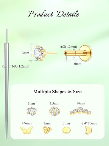 Oveta 4 Pairs Surgical Steel Flat Back Studs Earrings for Tragus Cartilage Piercing Jewelry Threadless Push in Nose Rings Studs 18G 16G, 6/8mm Bar Length, Gold in Saudi Arabia