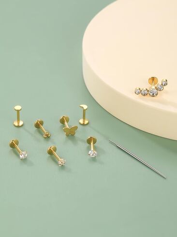 Oveta 4 Pairs Surgical Steel Flat Back Studs Earrings for Tragus Cartilage Piercing Jewelry Threadless Push in Nose Rings Studs 18G 16G, 6/8mm Bar Length, Gold in Saudi Arabia
