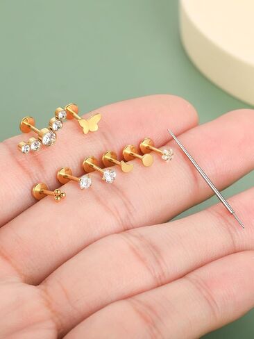 Oveta 4 Pairs Surgical Steel Flat Back Studs Earrings for Tragus Cartilage Piercing Jewelry Threadless Push in Nose Rings Studs 18G 16G, 6/8mm Bar Length, Gold in Saudi Arabia