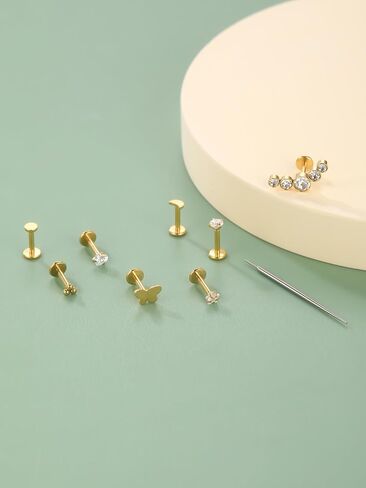 Oveta 4 Pairs Surgical Steel Flat Back Studs Earrings for Tragus Cartilage Piercing Jewelry Threadless Push in Nose Rings Studs 18G 16G, 6/8mm Bar Length, Gold in Saudi Arabia