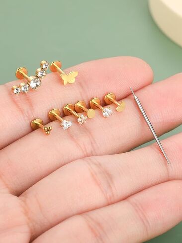 Oveta 4 Pairs Surgical Steel Flat Back Studs Earrings for Tragus Cartilage Piercing Jewelry Threadless Push in Nose Rings Studs 18G 16G, 6/8mm Bar Length, Gold in Saudi Arabia