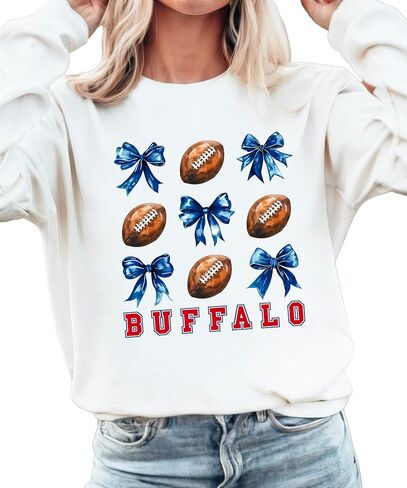 Olive Loves Apple Bold Red Buffalo Football Sweatshirt for Women Teens and Girls Footballs and Blue Bows Sweater in Saudi Arabia