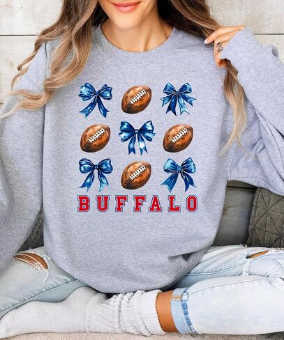 Olive Loves Apple Bold Red Buffalo Football Sweatshirt for Women Teens and Girls Footballs and Blue Bows Sweater in Saudi Arabia