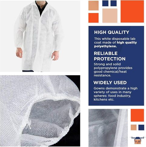 EZGOODZ White Disposable Lab Coat Medium, Pack of 30 Disposable Lab Coats for Adults, Breathable PP 35 GSM Painting Lab Coat Disposable with Elastic Wrists, Loop Fasteners, Unisex PPE Coat No Pocket in Saudi Arabia