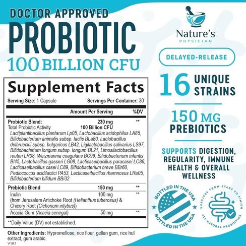 Nature's Physician Probiotics - 100 Billion CFU - 16 Strains + Prebiotics - Best Probiotic Supplement for Women & Men - Supports Immune, Digestive Health, Occasional Constipation & Gas - 60 Capsules in Saudi Arabia