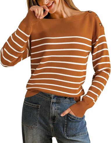 Arach&Cloz Women's Wool Blend Striped Boat Neck Fall Dressy Casual Sweater Tops 2025 in Saudi Arabia