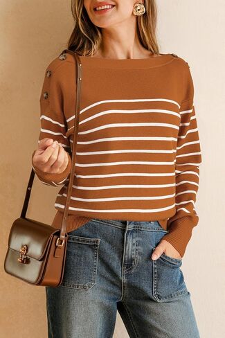 Arach&Cloz Women's Wool Blend Striped Boat Neck Fall Dressy Casual Sweater Tops 2025 in Saudi Arabia