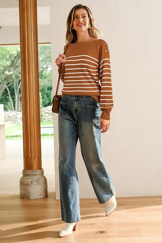 Arach&Cloz Women's Wool Blend Striped Boat Neck Fall Dressy Casual Sweater Tops 2025 in Saudi Arabia