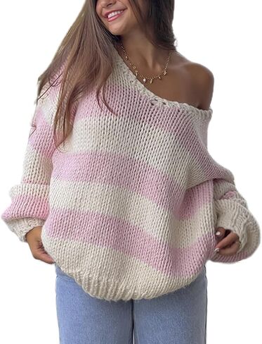 نساء سقوط خمر مخطط سترة طويلة الأكمام طويلة متماسكة المسحور قمم y2k الضخمة للبنات في سن المراهقة in Kuwait