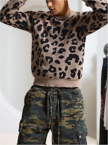 WDIRARA Men's Leopard Sweaters Crew Neck Long Sleeve Pullover Knit Tops Streetwear Knitwear in Saudi Arabia