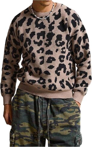 WDIRARA Men's Leopard Sweaters Crew Neck Long Sleeve Pullover Knit Tops Streetwear Knitwear in Saudi Arabia