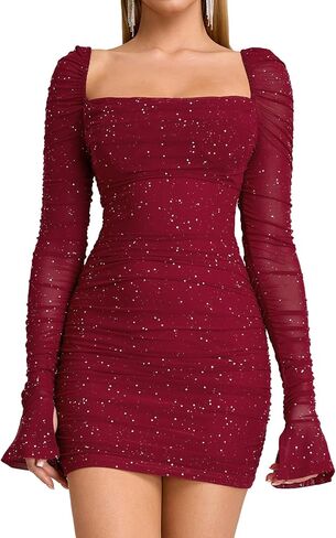 Women Sequin Long Sleeve Mini Dress Bodycon Party Formal Going Out Sparkly Sexy Dresses in Saudi Arabia
