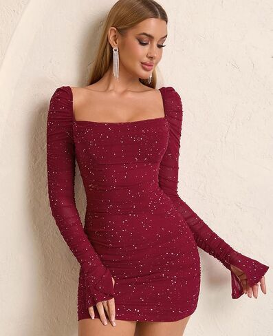 Women Sequin Long Sleeve Mini Dress Bodycon Party Formal Going Out Sparkly Sexy Dresses in Saudi Arabia