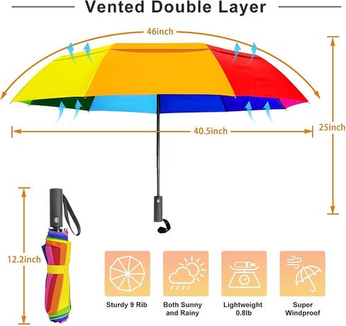 Rainbow Umbrella Automatic for Adults - Compact Folding Auto Open Close Double Canopy Vented Windproof Folding Travel Iridescent Umbrellas for Rain&Sun in Saudi Arabia