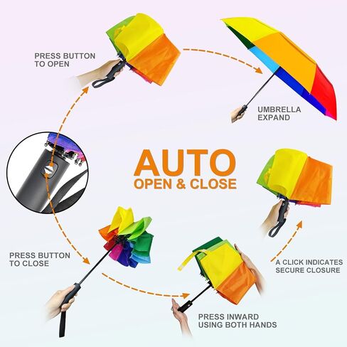 Rainbow Umbrella Automatic for Adults - Compact Folding Auto Open Close Double Canopy Vented Windproof Folding Travel Iridescent Umbrellas for Rain&Sun in Saudi Arabia