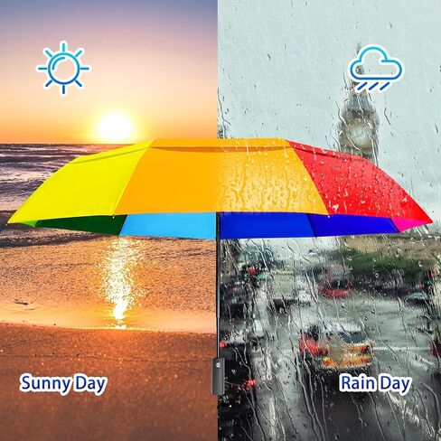Rainbow Umbrella Automatic for Adults - Compact Folding Auto Open Close Double Canopy Vented Windproof Folding Travel Iridescent Umbrellas for Rain&Sun in Saudi Arabia