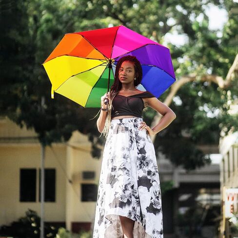 Rainbow Umbrella Automatic for Adults - Compact Folding Auto Open Close Double Canopy Vented Windproof Folding Travel Iridescent Umbrellas for Rain&Sun in Saudi Arabia