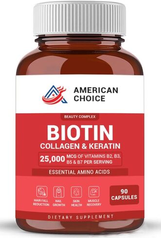 Biotin ، الكولاجين ، ملحق الكيراتين - نمو الشعر للنساء والرجال + يعزز بشرة مشع ، أظافر قوية وعضلات صحية - 25000 ميكروغرام فيتامينات B2 B3 B5 و B7 + الأحماض الأمينية + المعادن - 90 كبسولات. in Saudi Arabia