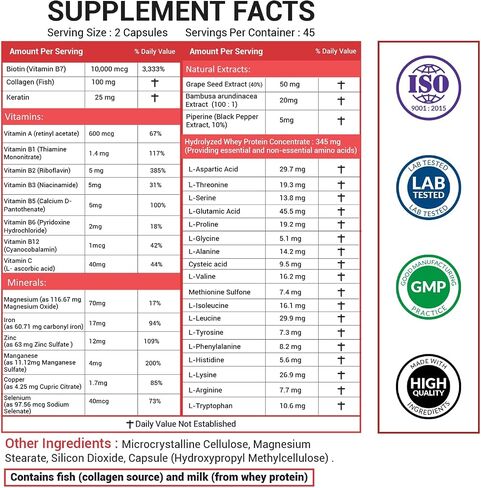 Biotin ، الكولاجين ، ملحق الكيراتين - نمو الشعر للنساء والرجال + يعزز بشرة مشع ، أظافر قوية وعضلات صحية - 25000 ميكروغرام فيتامينات B2 B3 B5 و B7 + الأحماض الأمينية + المعادن - 90 كبسولات. in Saudi Arabia