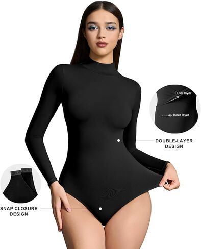 Women’s Mock Turtleneck Bodysuit Long Sleeve, Double lined Body suit Top Suitable for Going out in Kuwait