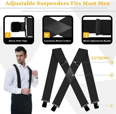 Suspenders for Men Big and Tall X Back Adjustable 2" Wide Elastic Braces with 4 Heavy Duty Clips in Saudi Arabia
