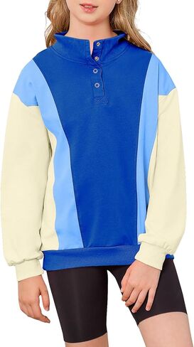 Girls Sweatshirts Color Block Hoodies Half Zipper Pullover Fall Hooded Girls Fashion Sweatshirts for 8-14Y in Kuwait