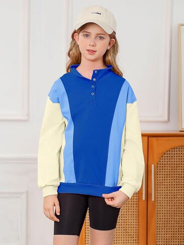 Girls Sweatshirts Color Block Hoodies Half Zipper Pullover Fall Hooded Girls Fashion Sweatshirts for 8-14Y in Kuwait
