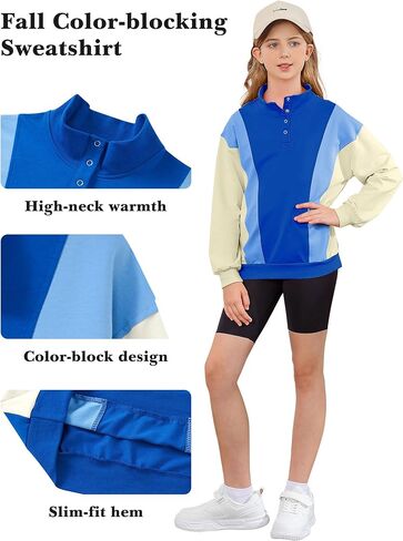 Girls Sweatshirts Color Block Hoodies Half Zipper Pullover Fall Hooded Girls Fashion Sweatshirts for 8-14Y in Kuwait