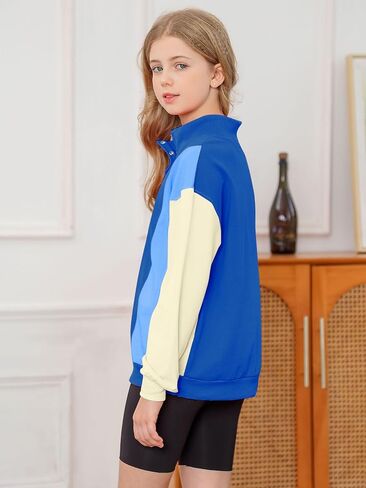 Girls Sweatshirts Color Block Hoodies Half Zipper Pullover Fall Hooded Girls Fashion Sweatshirts for 8-14Y in Kuwait
