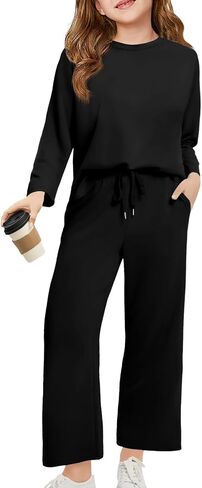 Haloumoning Girls Sweatsuit Kids Fashion Long Sleeve Sweatshirt and Wide Leg Pants Tracksuit Sets 2 Piece Outfits in Saudi Arabia