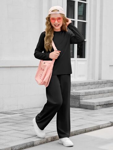 Haloumoning Girls Sweatsuit Kids Fashion Long Sleeve Sweatshirt and Wide Leg Pants Tracksuit Sets 2 Piece Outfits in Saudi Arabia