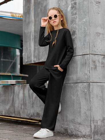 Haloumoning Girls Sweatsuit Kids Fashion Long Sleeve Sweatshirt and Wide Leg Pants Tracksuit Sets 2 Piece Outfits in Saudi Arabia