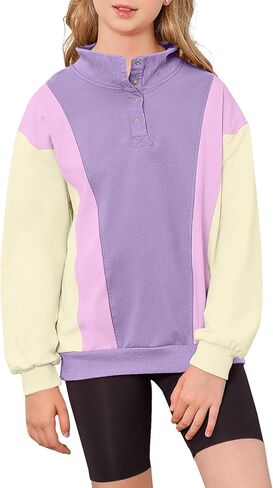 Girls Sweatshirts Color Block Hoodies Half Zipper Pullover Fall Hooded Girls Fashion Sweatshirts for 8-14Y in Kuwait