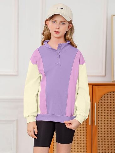 Girls Sweatshirts Color Block Hoodies Half Zipper Pullover Fall Hooded Girls Fashion Sweatshirts for 8-14Y in Kuwait